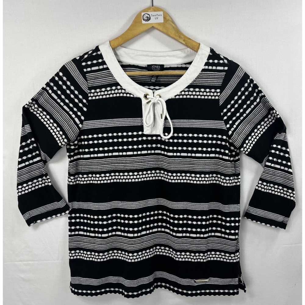 EUC Jones New York Large Black White Stripe Lace-Up Neck 3/4 Sleeve Knit Top L
